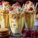 Raspberry Custard Crunch Milkshakes layered with whipped cream, crumble, raspberries, and golden drizzle