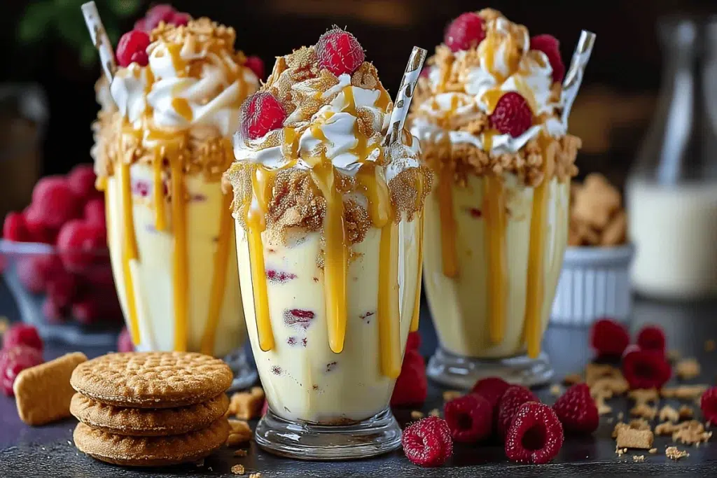 Raspberry Custard Crunch Milkshakes layered with whipped cream, crumble, raspberries, and golden drizzle