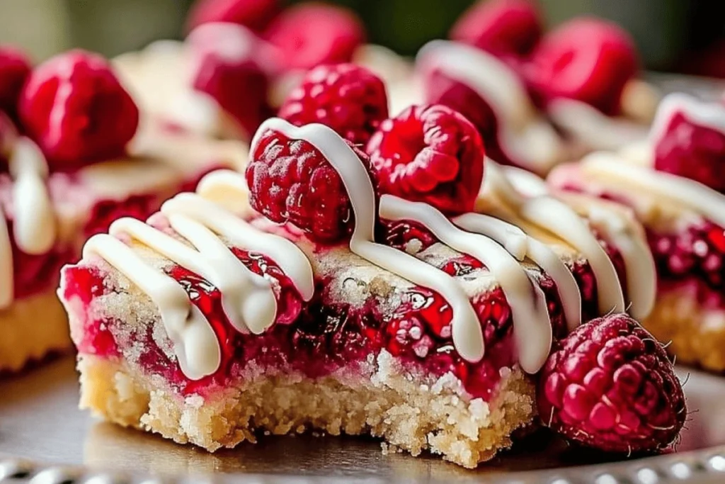 Raspberry Shortbread Cookie Bars with White Chocolate Drizzle topped with fresh raspberries