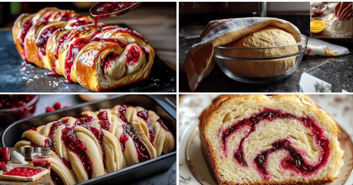 Step-by-step visuals of baking raspberry swirl brioche loaf showing dough rising, layering raspberry jam, twisting the braid, and the final baked loaf
