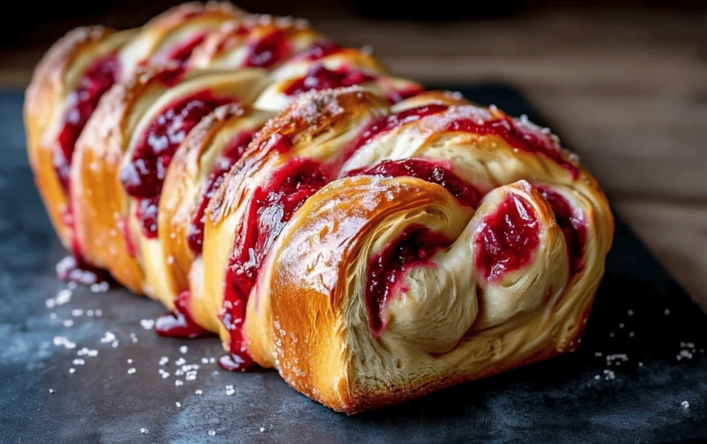 raspberry swirl brioche loaf with golden crust and visible jam layers