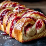 raspberry swirl brioche loaf with golden crust and visible jam layers