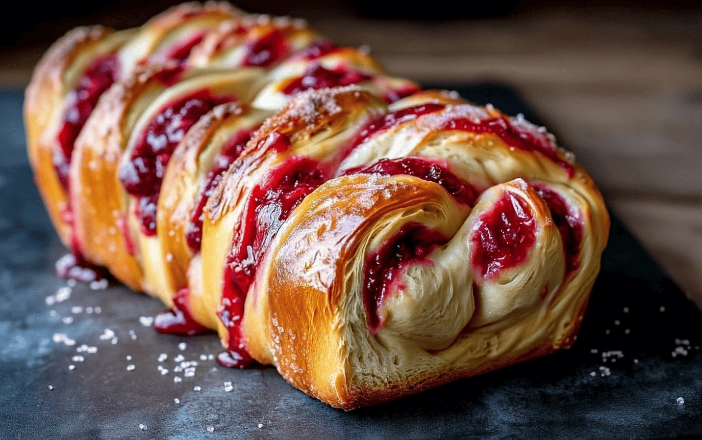 raspberry swirl brioche loaf with golden crust and visible jam layers