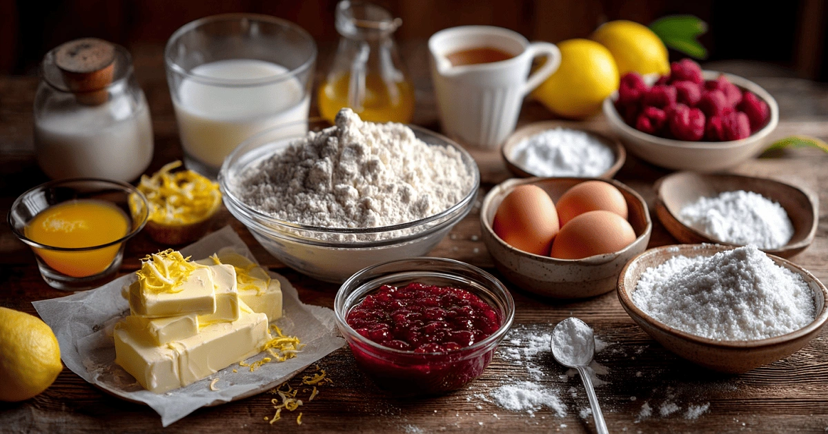 Top-down view of raspberry swirl brioche loaf ingredients including flour, butter, eggs, raspberries, jam, and lemon zest on rustic wooden table