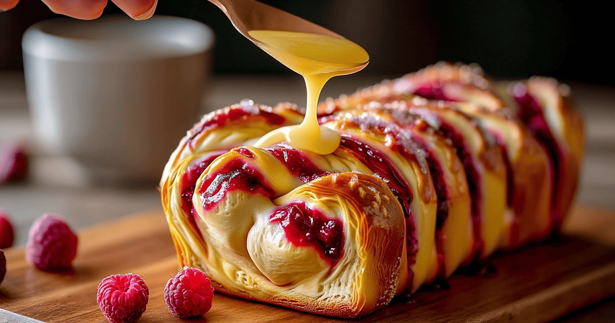 Close-up of raspberry swirl brioche loaf being topped with lemon glaze, with fresh raspberries on a wooden board