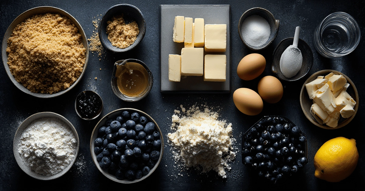 Ingredients for Ravenclaw Midnight Blueberry Cheesecake including blueberries, eggs, lemon, cream cheese, sugar, butter, and graham crumbs arranged on a dark background
