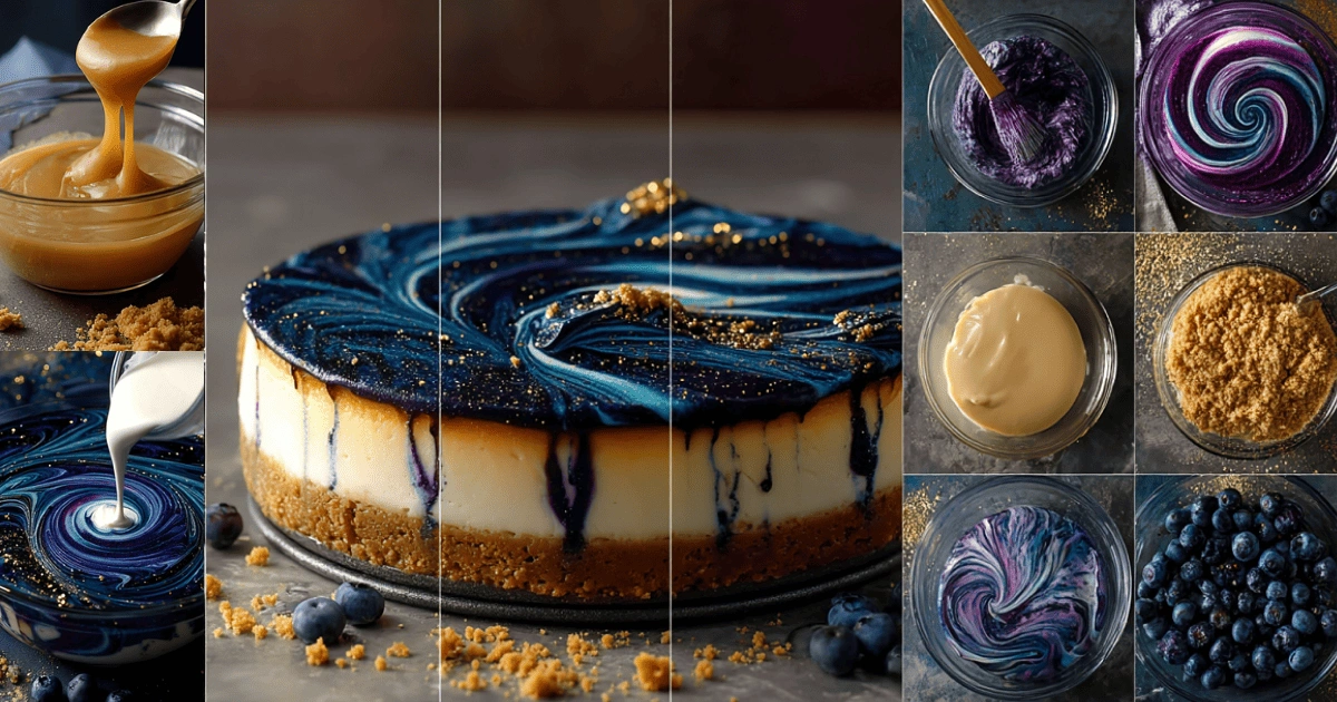 Step-by-step preparation of Ravenclaw Midnight Blueberry Cheesecake showing graham crust, cream filling, and swirling blueberry topping with gold dust