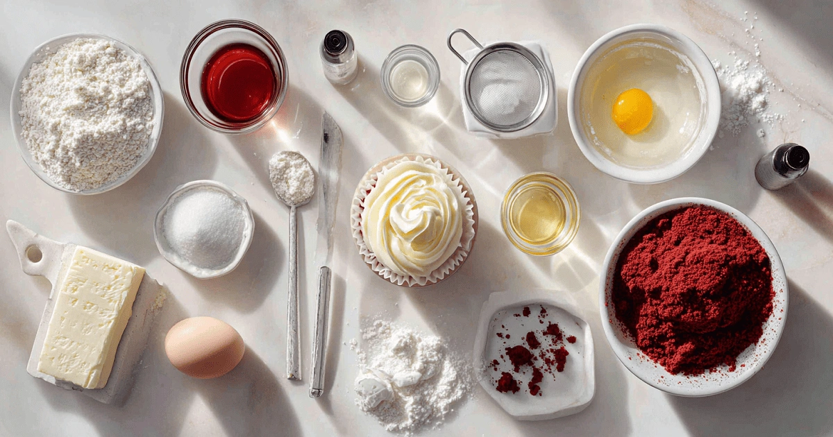 Flat lay of red velvet cheesecake cupcake ingredients including cocoa powder, flour, egg, butter, sugar, vanilla, and cream cheese frosting