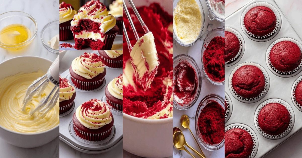 Step-by-step collage showing red velvet cheesecake cupcakes being mixed, baked, frosted, and topped with red velvet crumbles