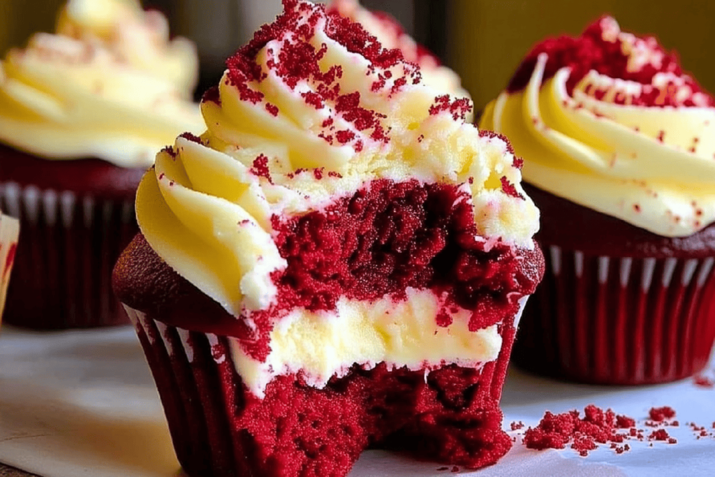 Close-up of red velvet cheesecake cupcakes with cream cheese frosting and cheesecake filling