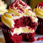 Close-up of red velvet cheesecake cupcakes with cream cheese frosting and cheesecake filling