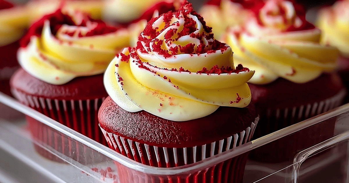 Close-up of red velvet cheesecake cupcakes topped with swirls of cream cheese frosting and red velvet crumbs in a storage container