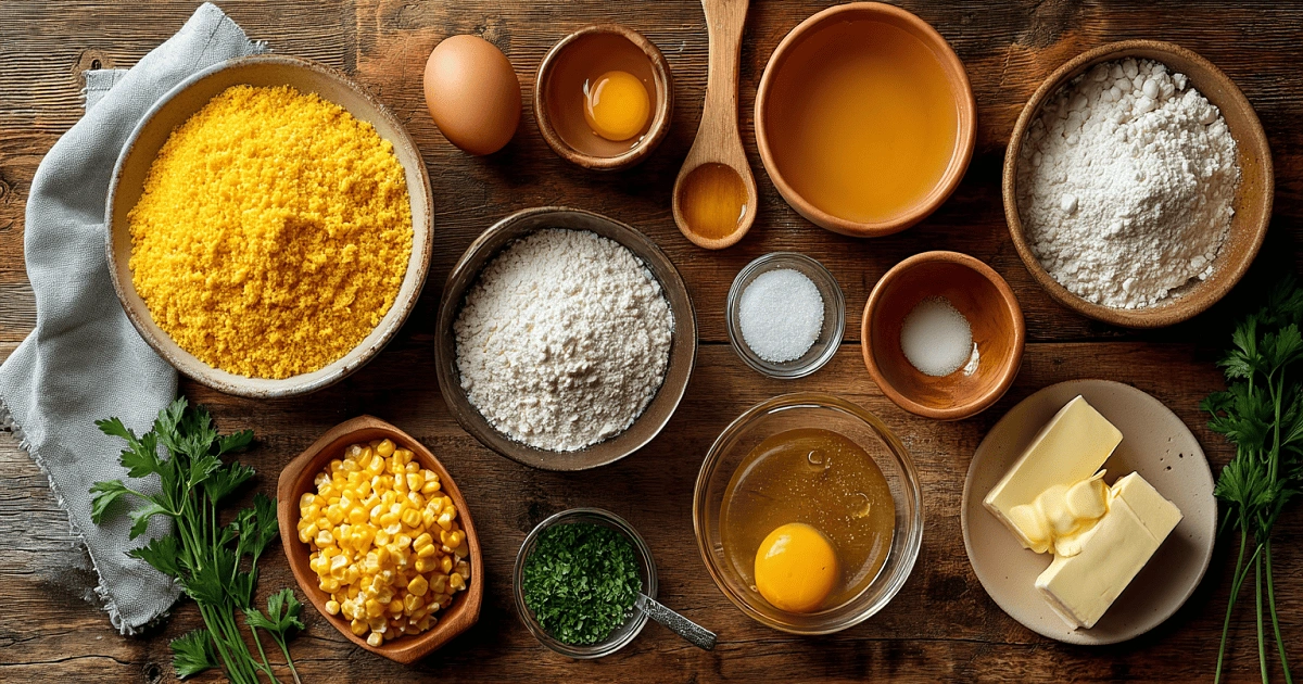 Flat lay of cornbread popper ingredients including cornmeal, flour, eggs, butter, honey, and fresh parsley on a rustic wooden table