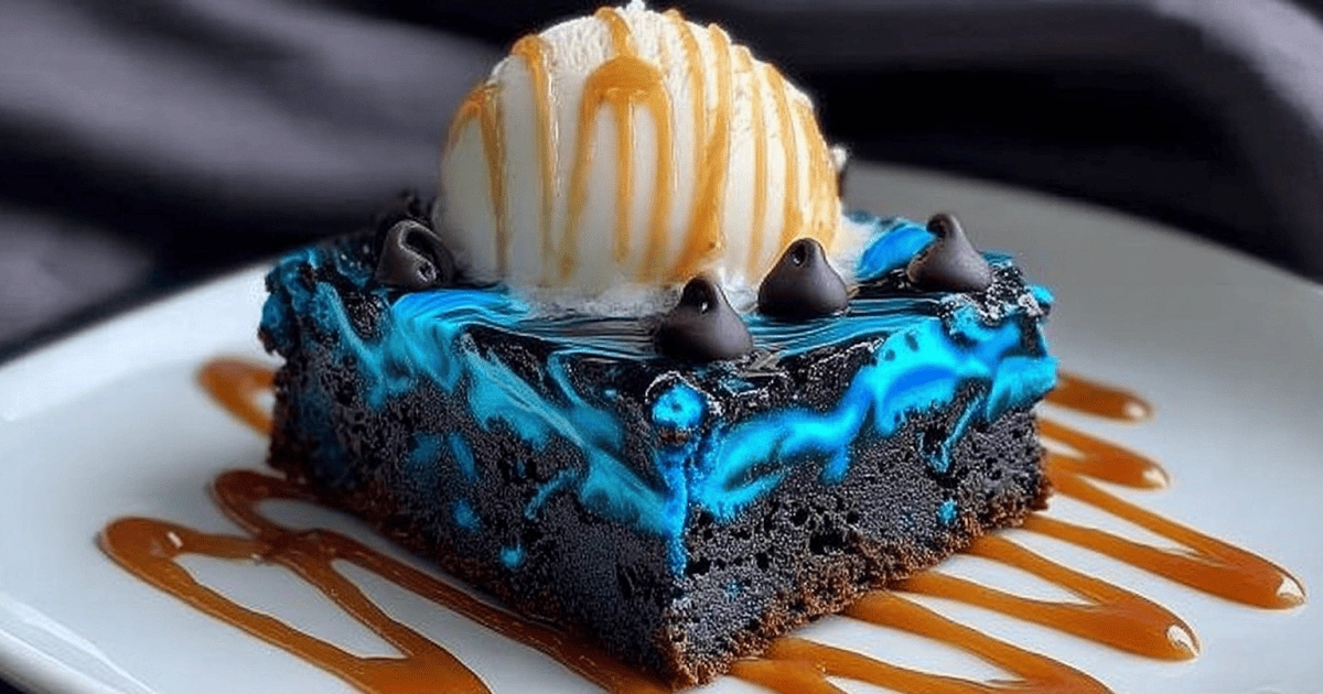 Blue Velvet Brownie topped with vanilla ice cream and caramel sauce on a white plate