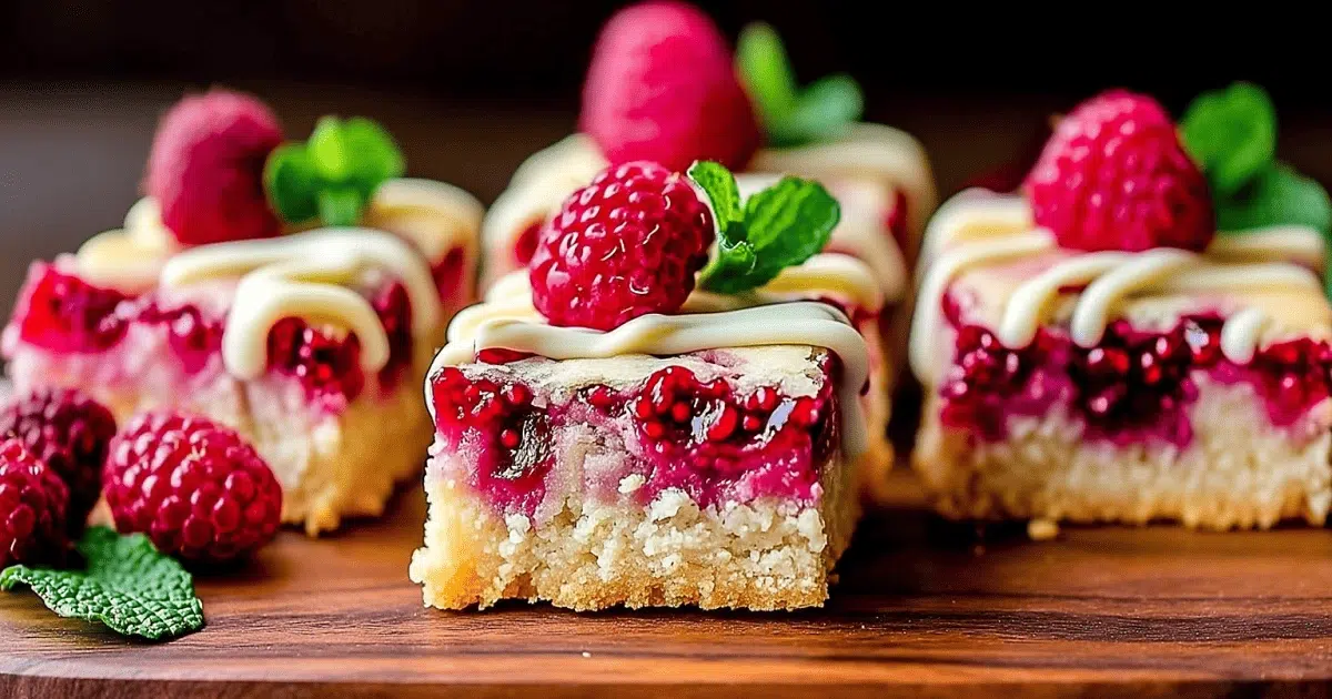 Raspberry shortbread cookie bars with white chocolate drizzle, garnished with raspberries and mint