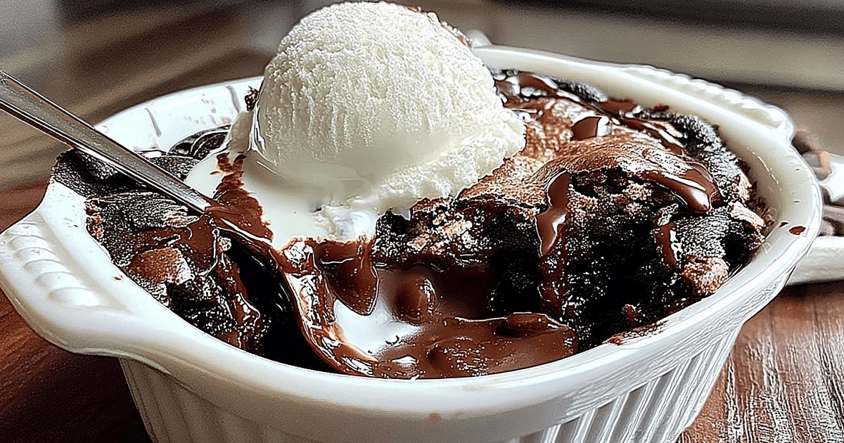 Warm Southern Chocolate Cobbler topped with vanilla ice cream in a white dish