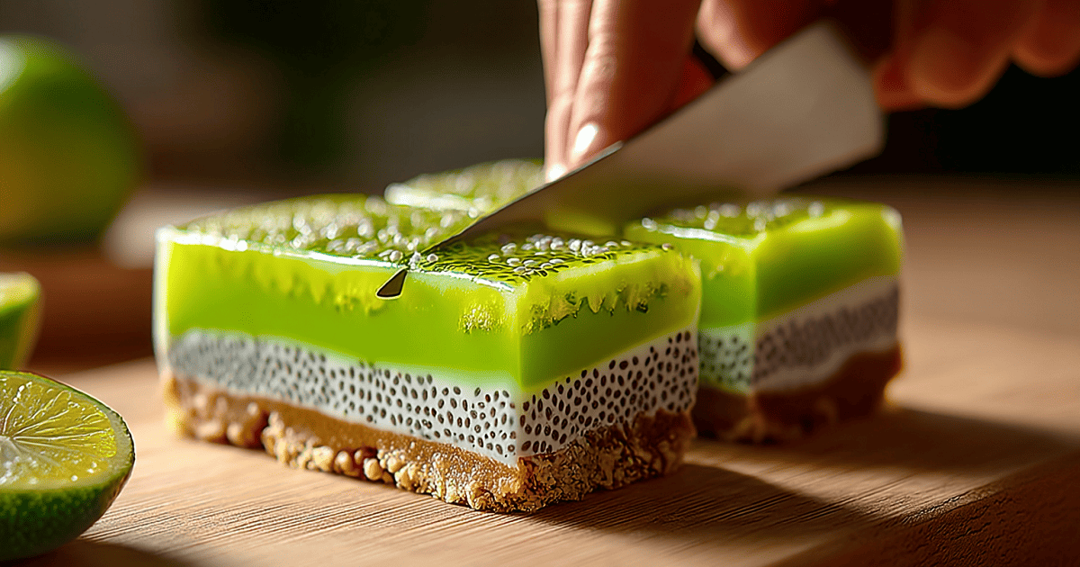 A hand slicing chilled Coconut Lime Chia Pudding Bars showing clean layers of lime topping, chia pudding, and crust