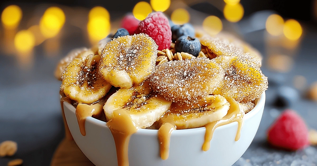 smoothie bowl topped with cinnamon sugar banana chips