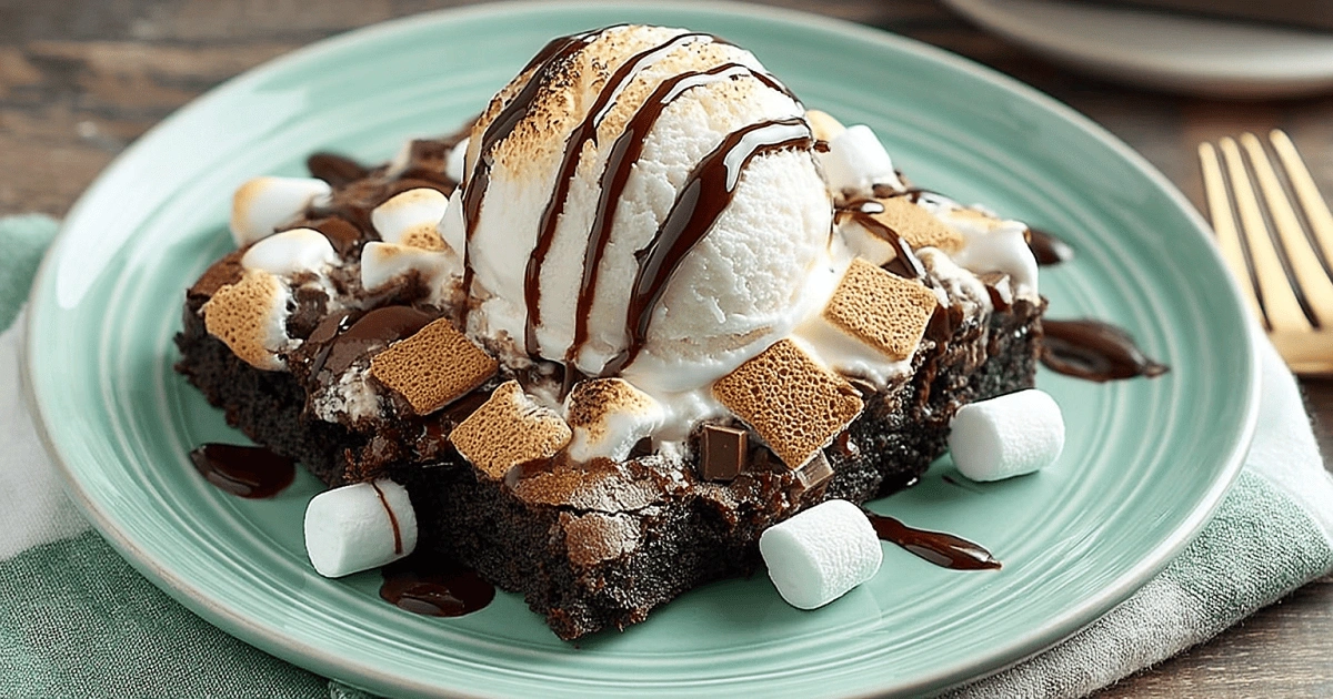 S’mores brownie topped with vanilla ice cream, toasted marshmallows, graham crackers, and chocolate drizzle on a green plate