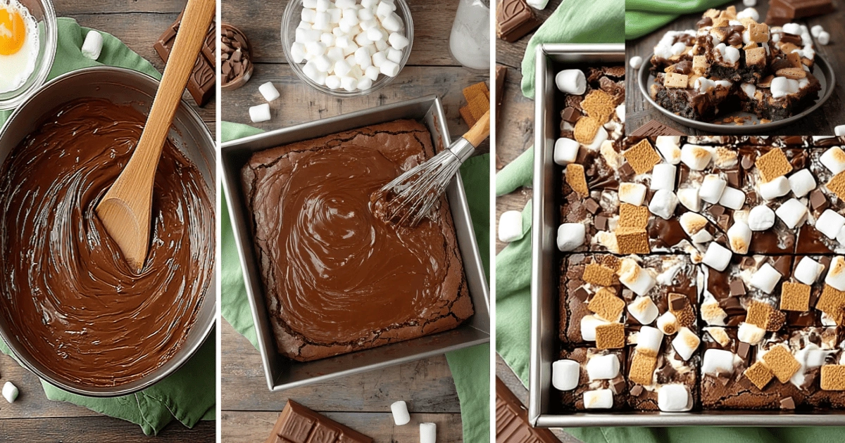 S’mores brownies baking steps showing chocolate batter, topped with marshmallows, graham crackers, and chocolate pieces in a baking tray