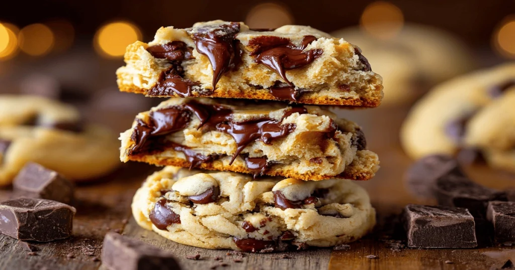 Gooey Soft Batch Cream Cheese Chocolate Chip Cookies stacked on rustic wood