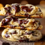 Gooey Soft Batch Cream Cheese Chocolate Chip Cookies stacked on rustic wood