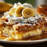 Southern Banana Cobbler topped with whipped cream and banana slices