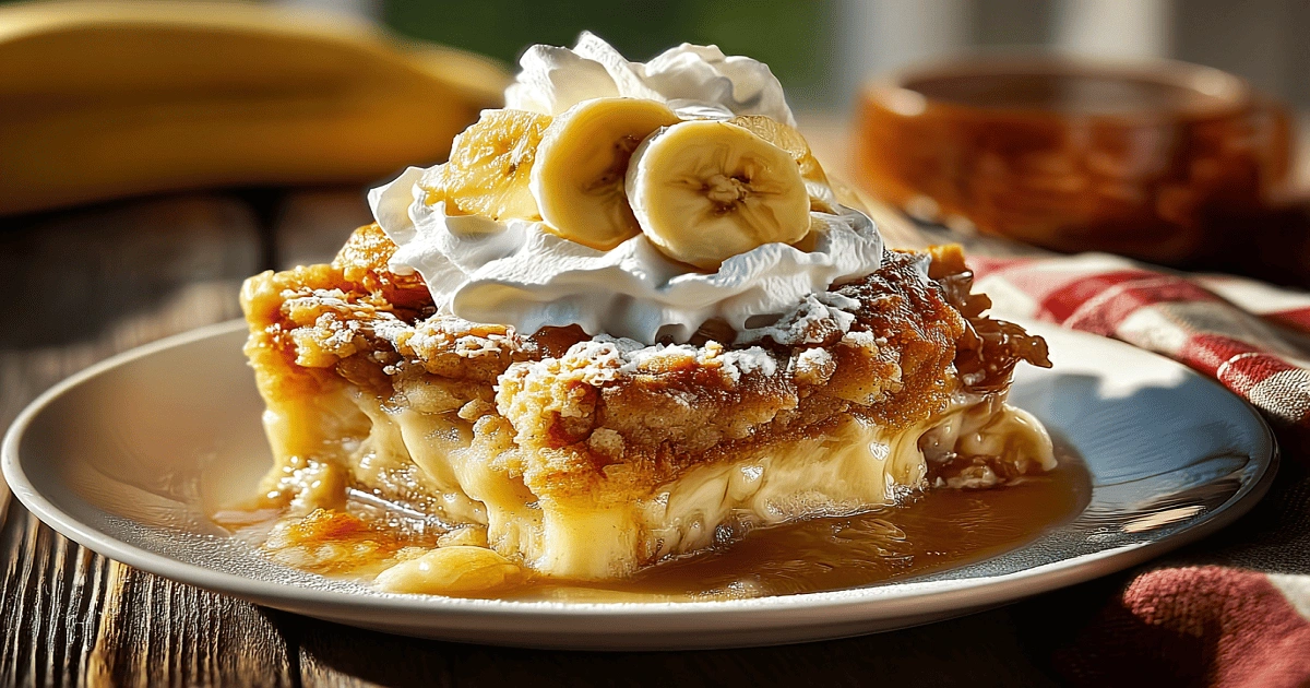 Southern Banana Cobbler topped with whipped cream and banana slices