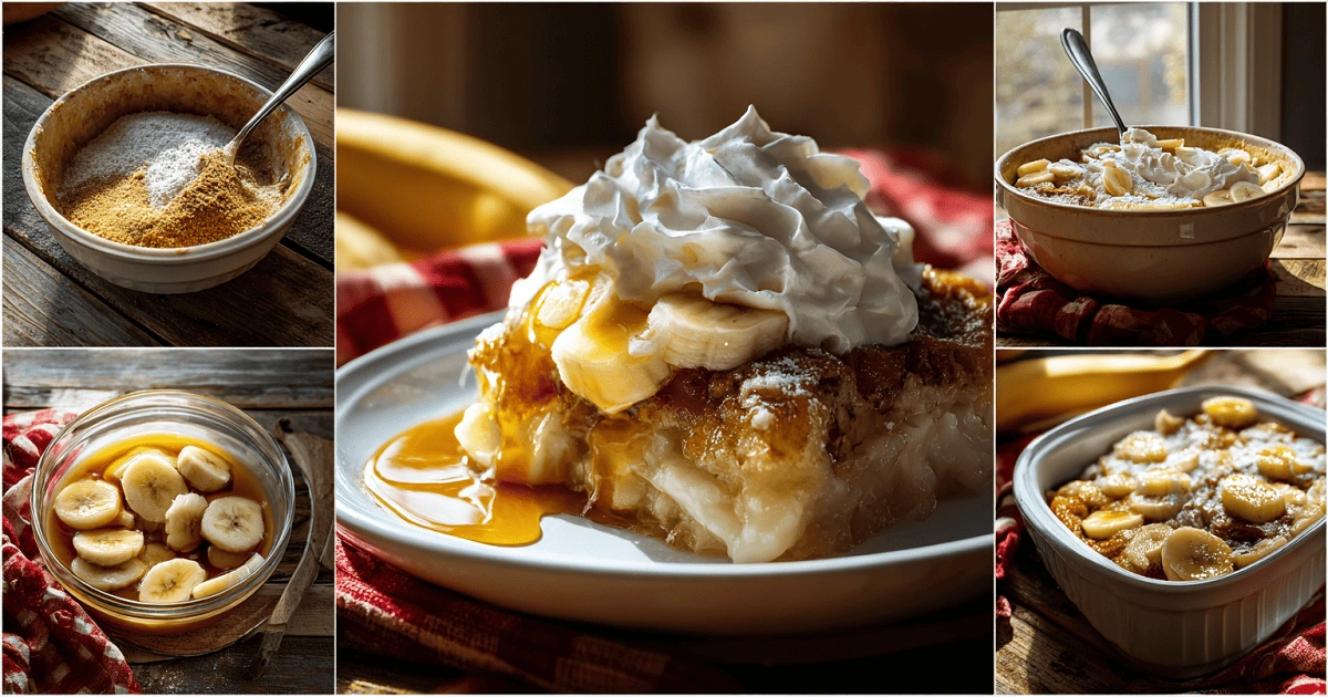 Southern Banana Cobbler step-by-step and final serving with whipped cream and bananas