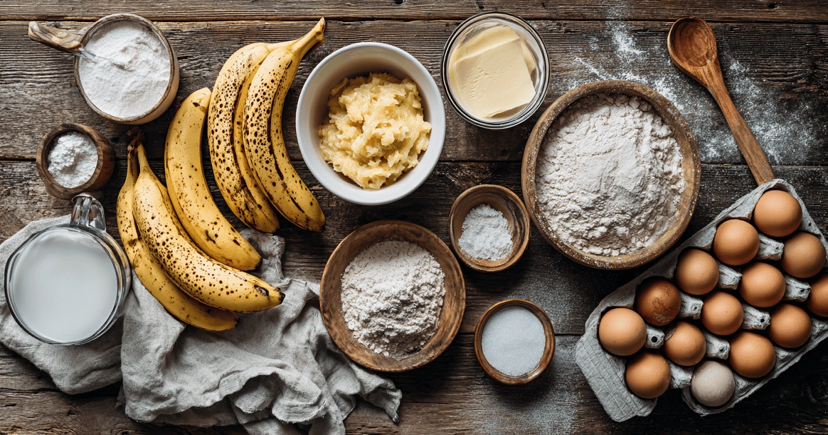 Ingredients for Southern Banana Cobbler including ripe bananas, flour, sugar, milk, and eggs