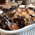 Freshly baked Southern Chocolate Cobbler with gooey fudge sauce dripping from a spoon