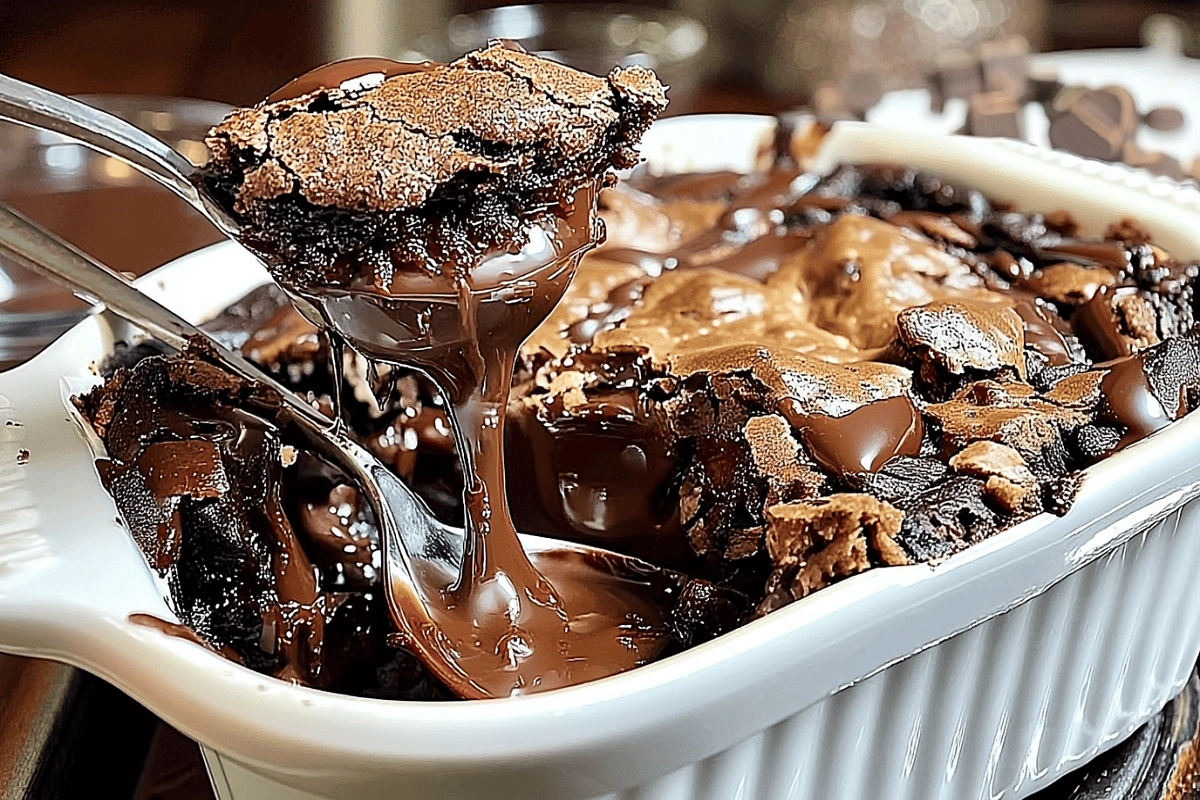 Freshly baked Southern Chocolate Cobbler with gooey fudge sauce dripping from a spoon