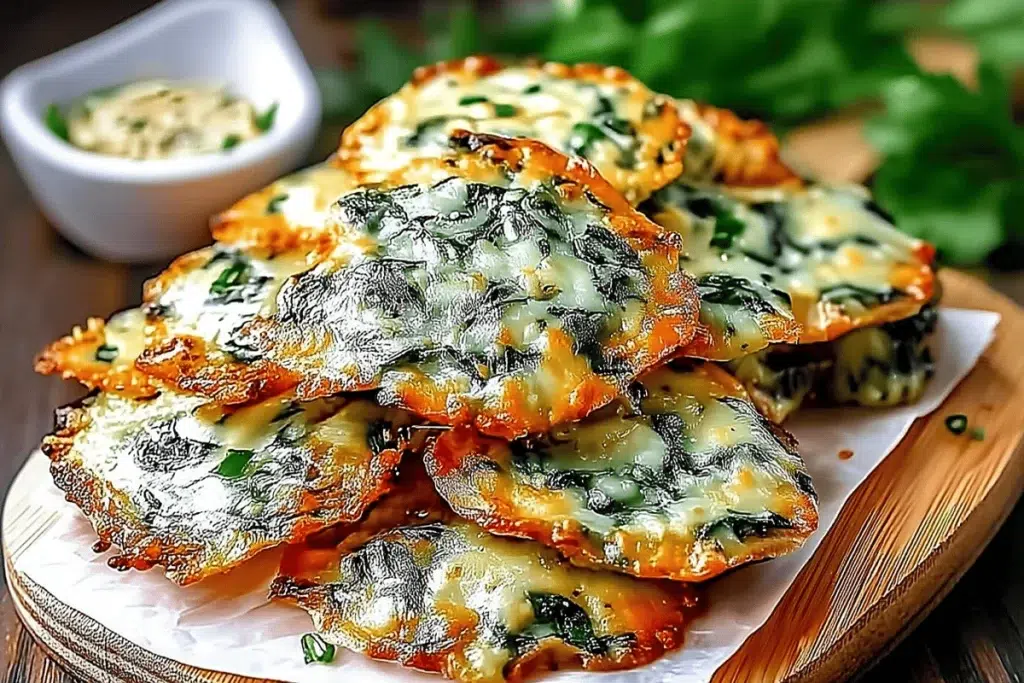 Golden spinach cheese crisps fresh out of the oven with melted cheese and crispy edges