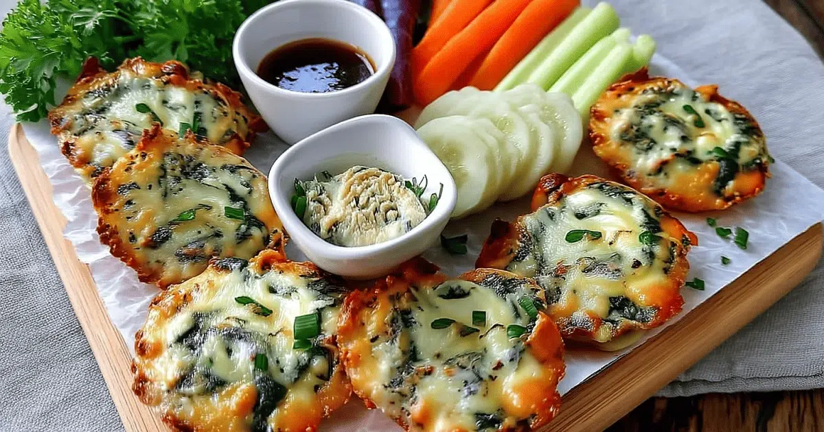 Spinach cheese crisps on a wooden platter with dipping sauces, carrot sticks, celery, cucumber, and fresh herbs
