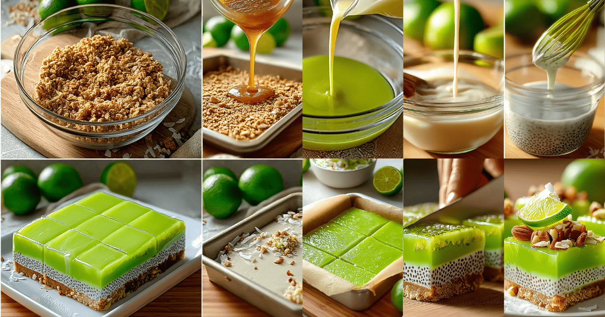 Step-by-step photos of making Coconut Lime Chia Pudding Bars, including crust preparation, chia pudding layer, lime topping, and garnishing