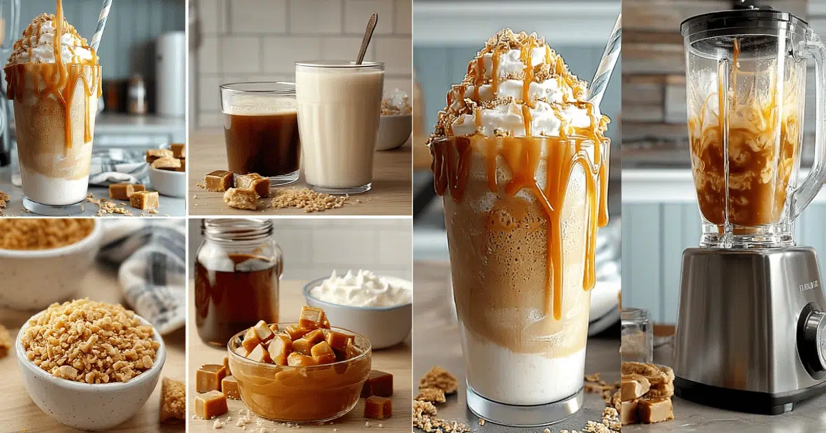 Step-by-step preparation of Copycat Starbucks Caramel Frappuccino with ingredients, blending, and toppings