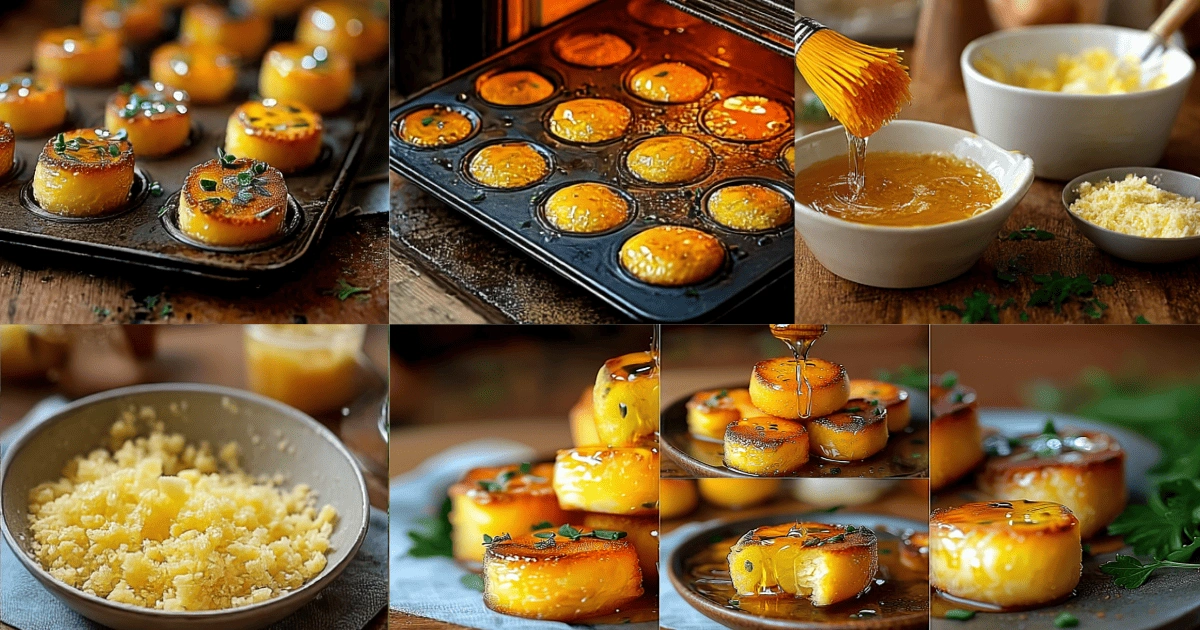 Collage showing the full process of making honey butter cornbread poppers including mixing, baking, glazing with honey butter, and serving with garnishes