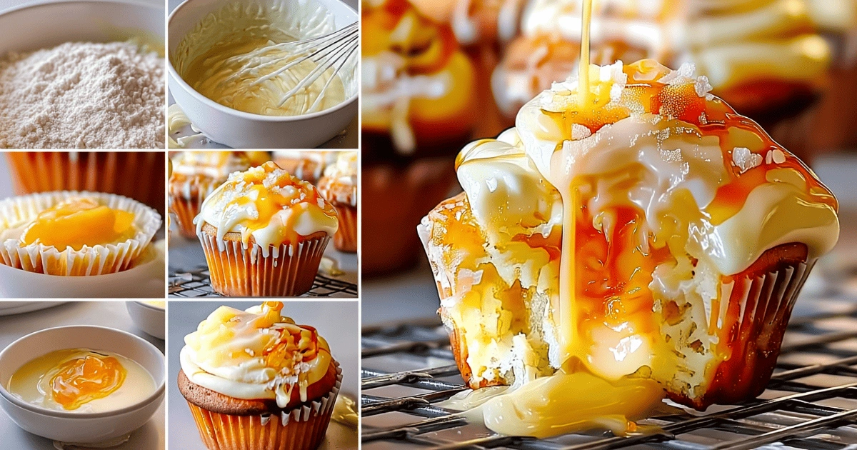 Collage showing the step-by-step process of making honey peach cream cheese cupcakes, from batter to frosting and honey drizzle