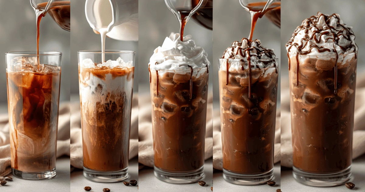 Step-by-step process of making iced mocha coffee with espresso, milk, whipped cream, and chocolate drizzle