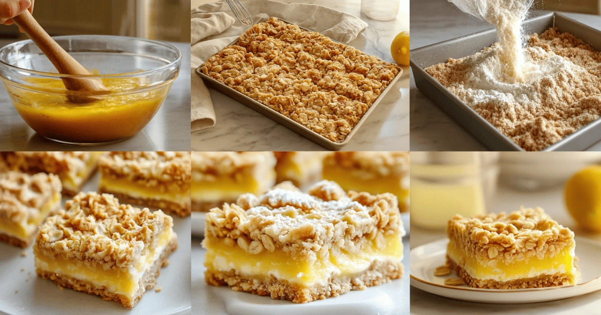 Collage showing step-by-step process of making lemon oatmeal crumble bars from mixing to baking