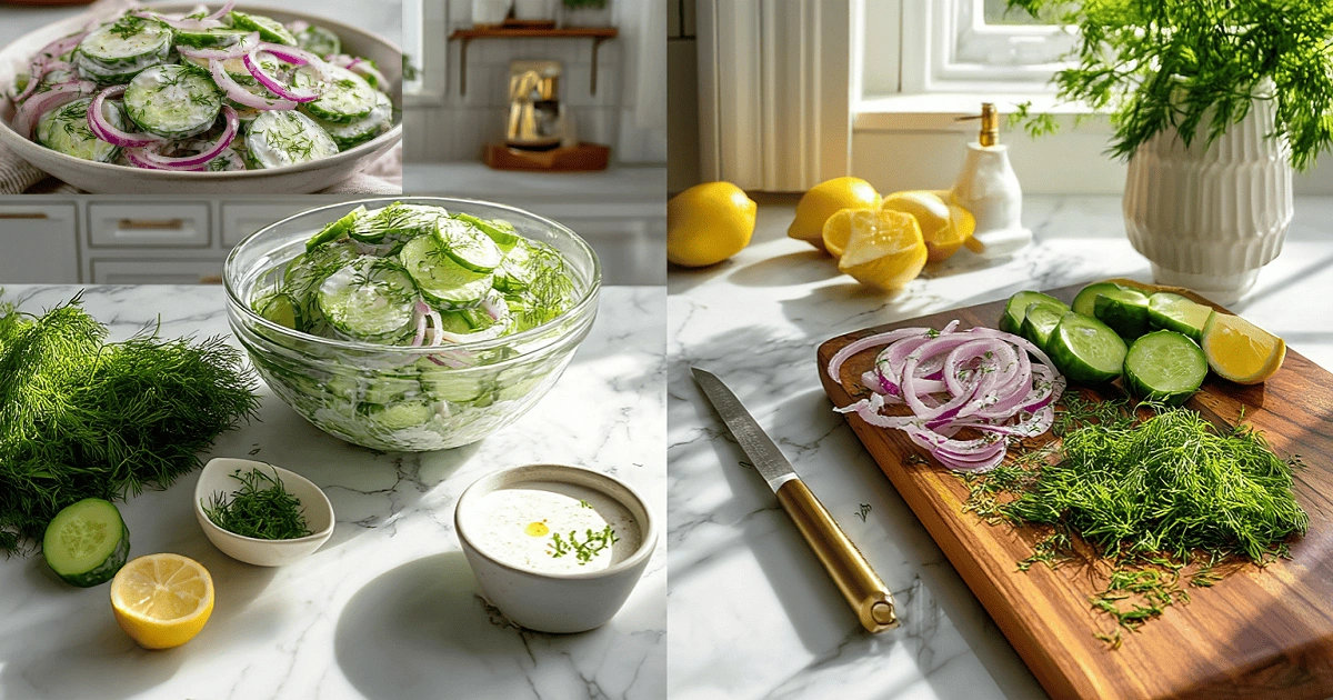 Fresh dill, sliced cucumber, lemon, and red onion prepared for cucumber dill salad on a kitchen counter