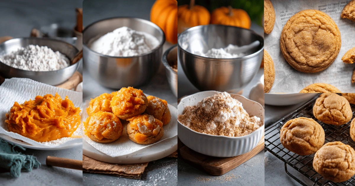 step-by-step chewy pumpkin cookie dough preparation and baking process