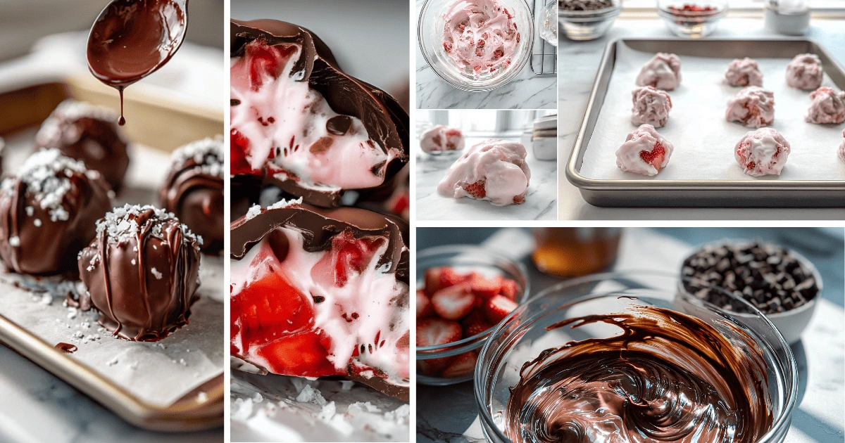 Collage showing step-by-step preparation of chocolate strawberry frozen yogurt bites with strawberries, yogurt, melted chocolate, and final dipped treats