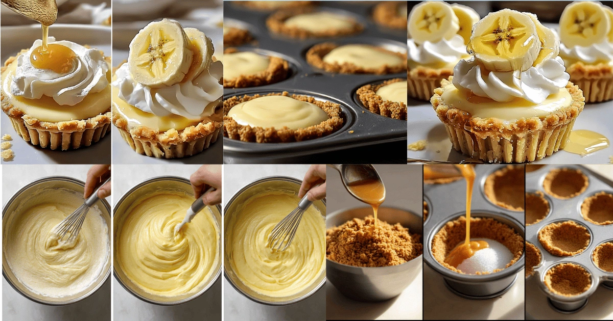 Step-by-step image showing how to make no-bake mini banana cream pies with graham cracker crust, banana pudding filling, whipped cream, and banana toppings