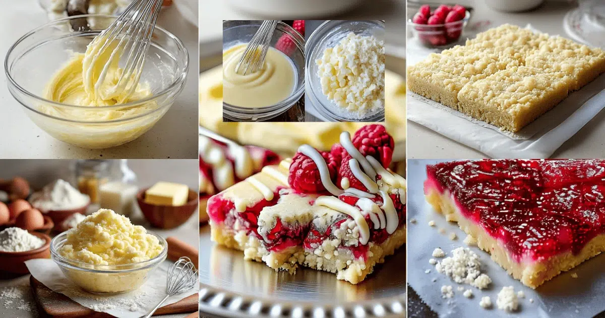Step-by-step process of making raspberry shortbread cookie bars with white chocolate drizzle