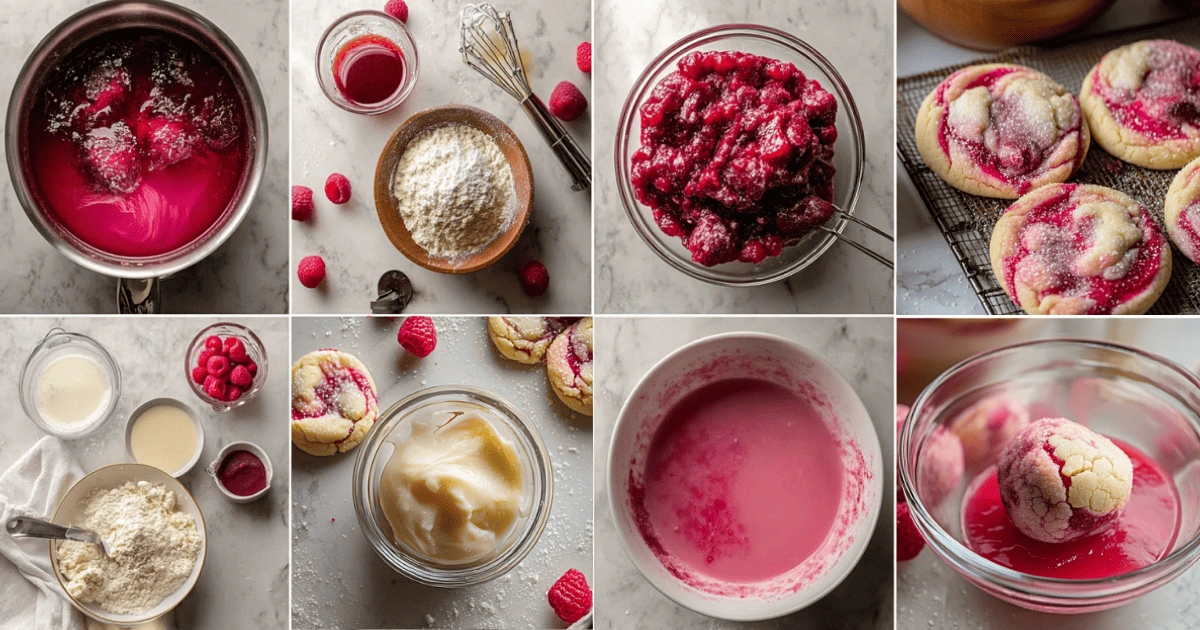 Process steps for Raspberry Sugar Cookies, including syrup making, dough mixing, shaping, and baking