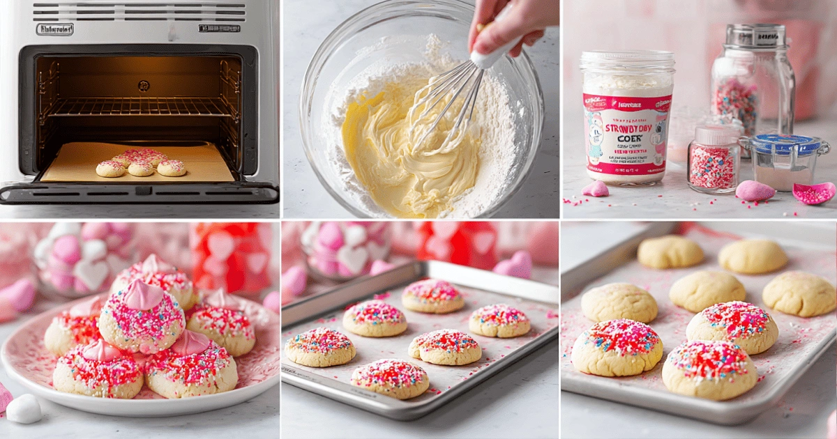 Six-step collage showing the process of making Strawberry Kiss Cookies, from mixing and baking to decorating with sprinkles and strawberry Hershey’s Kisses