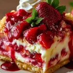 Close-up of Strawberry Cheesecake Dump Cake topped with glazed strawberries and whipped cream