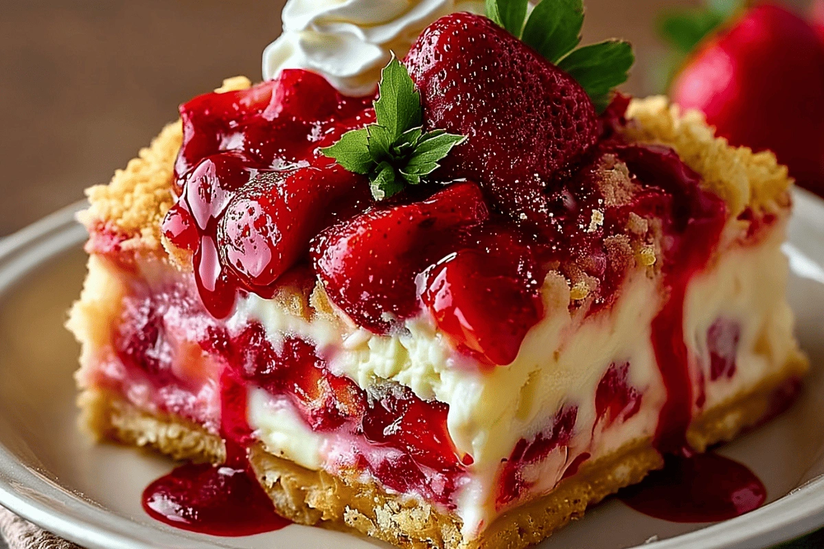 Close-up of Strawberry Cheesecake Dump Cake topped with glazed strawberries and whipped cream