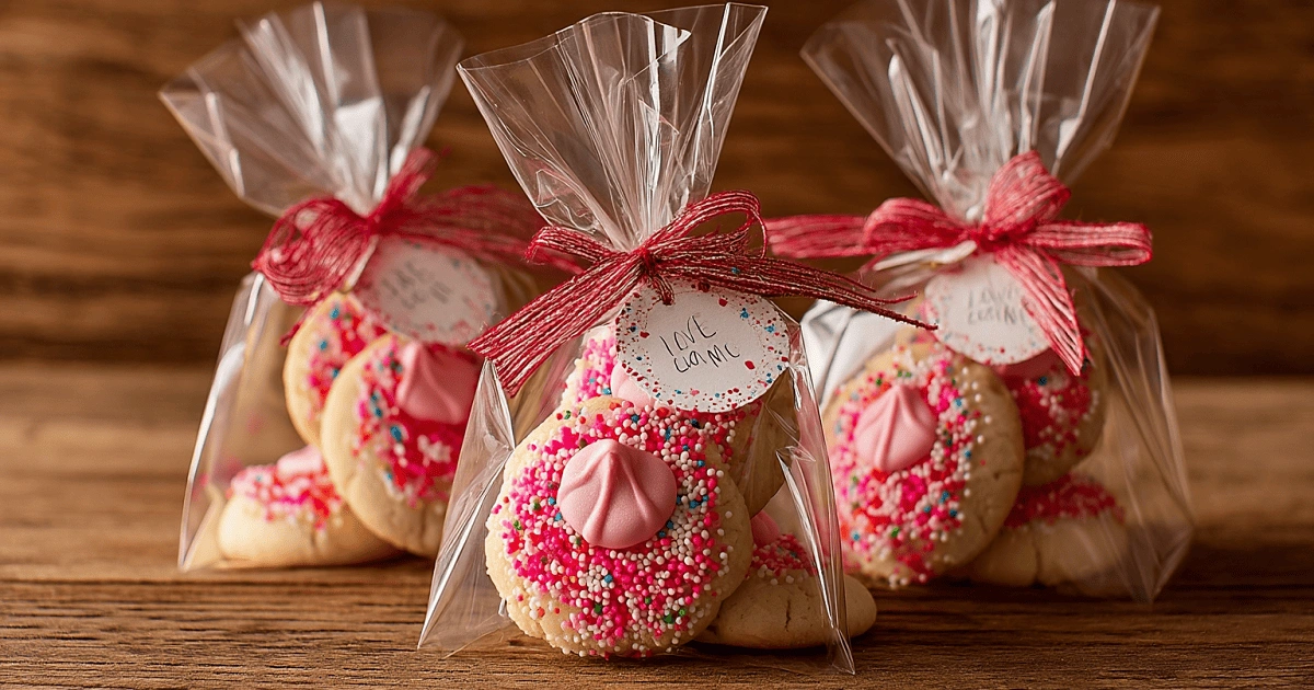 Clear cellophane bags filled with strawberry kiss cookies, tied with red ribbon and gift tags, displayed on a wooden table
